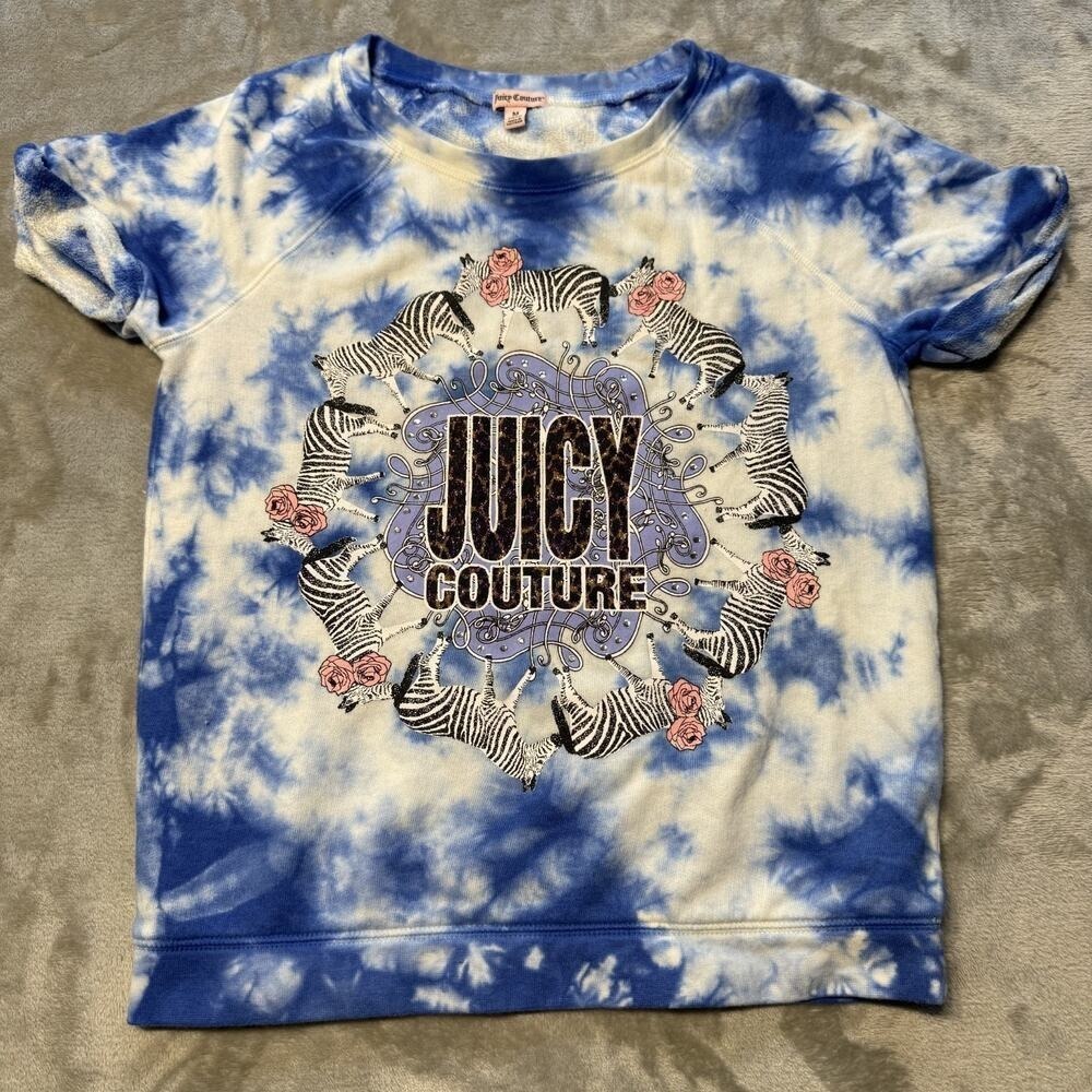 Juicy Couture Girls T-Shirt Blue Tie Dye Zebras Roses Graphic Top Size M 10/12